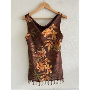 Donna Ricco Vintage Cowl Neck Floral Beaded Tassel Top Size 8 Tropical Vacation
